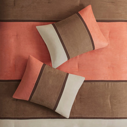 Set of Seven Coral And Brown Striped King Ring Stitch Polyester Sham And Comforter