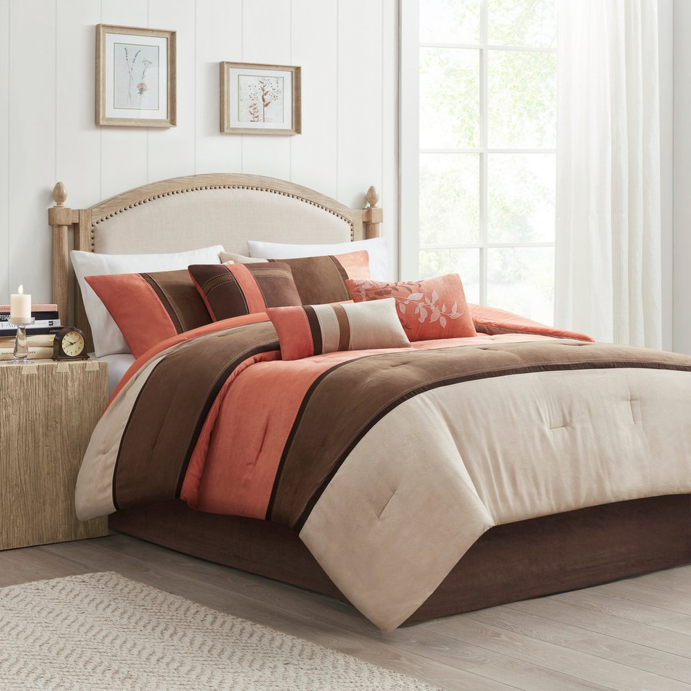 Set of Seven Coral And Brown Striped King Ring Stitch Polyester Sham And Comforter
