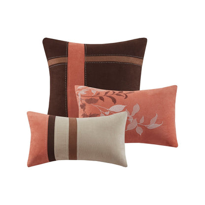 Set of Seven Coral And Brown Striped King Ring Stitch Polyester Sham And Comforter
