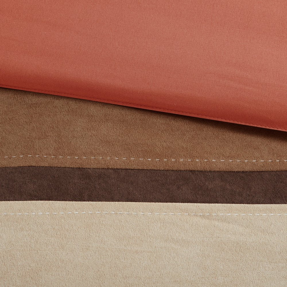 Set of Seven Coral And Brown Striped King Ring Stitch Polyester Sham And Comforter