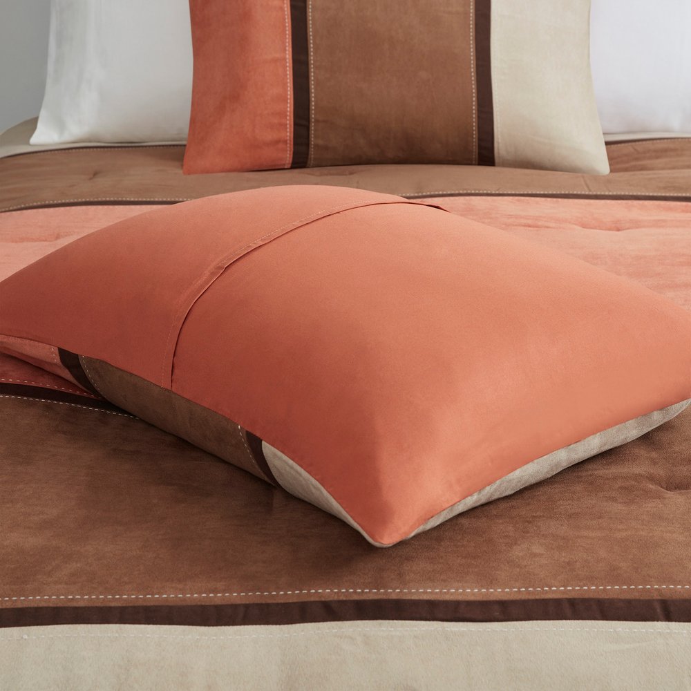 Set of Seven Coral And Brown Striped King Ring Stitch Polyester Sham And Comforter