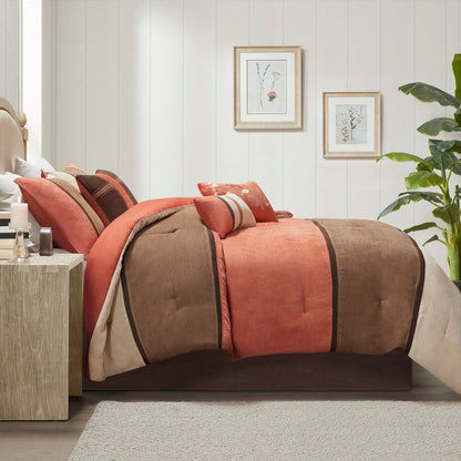 Set of Seven Coral And Brown Striped King Ring Stitch Polyester Sham And Comforter