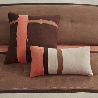 Set of Seven Coral And Brown Striped King Ring Stitch Polyester Sham And Comforter
