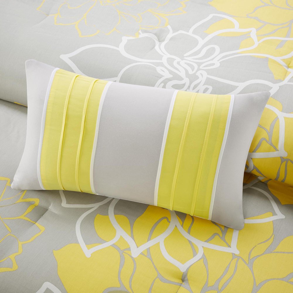Set of Seven Gray And Yellow Floral Queen Ring Stitch Polyester Sham And Comforter