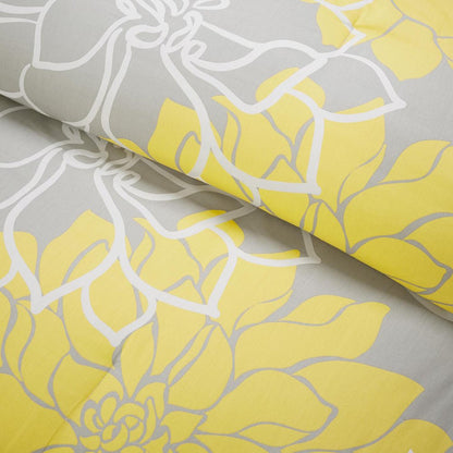Set of Seven Gray And Yellow Floral Queen Ring Stitch Polyester Sham And Comforter