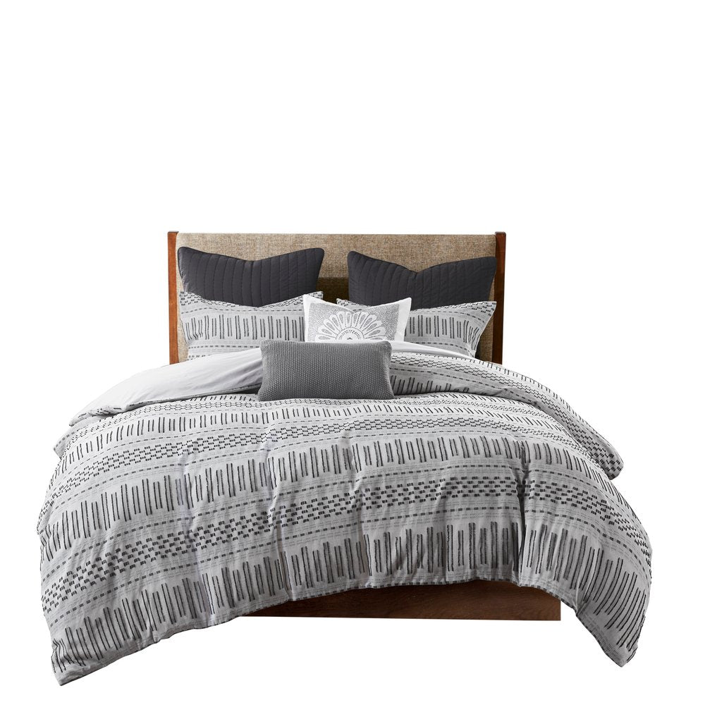 Set of Three Gray And Ivory Striped Queen Ring Stitch Sham And Comforter