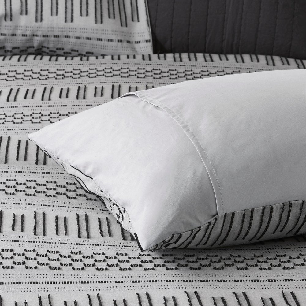 Set of Three Gray And Ivory Striped Queen Ring Stitch Sham And Comforter