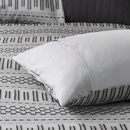 Set of Three Gray And Ivory Striped Queen Ring Stitch Sham And Comforter