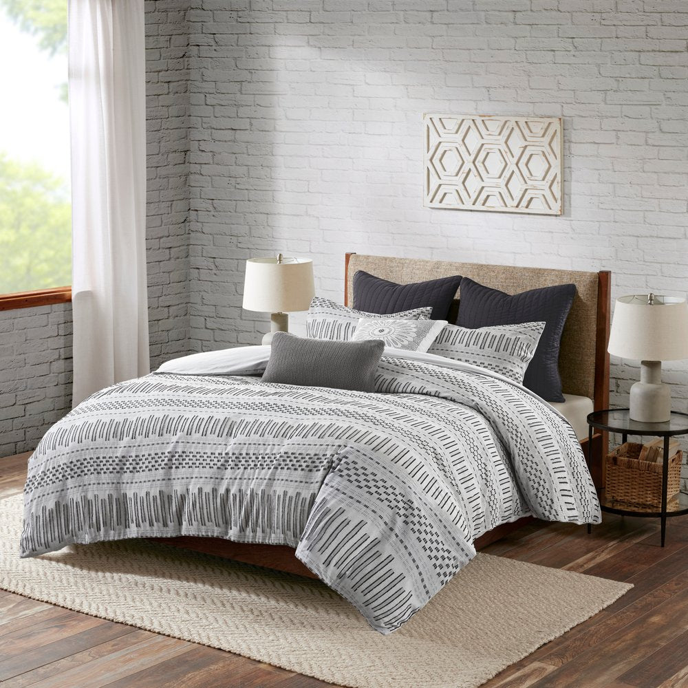 Set of Three Gray And Ivory Striped Queen Ring Stitch Sham And Comforter
