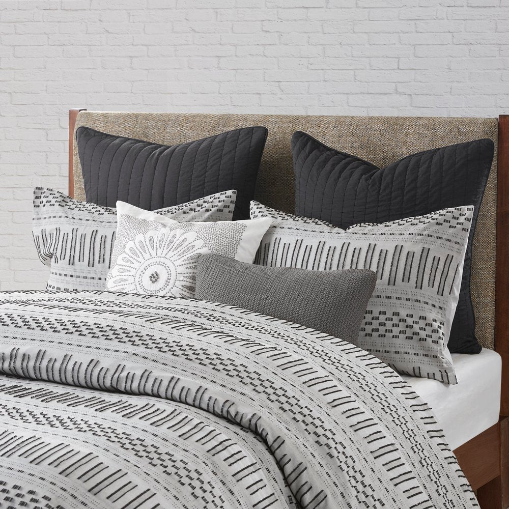 Set of Three Gray And Ivory Striped Queen Ring Stitch Sham And Comforter