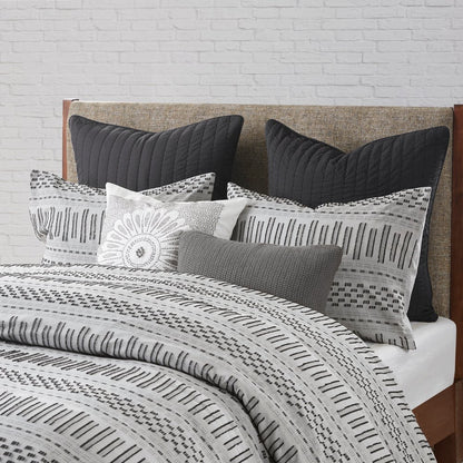 Set of Three Gray And Ivory Striped Queen Ring Stitch Sham And Comforter