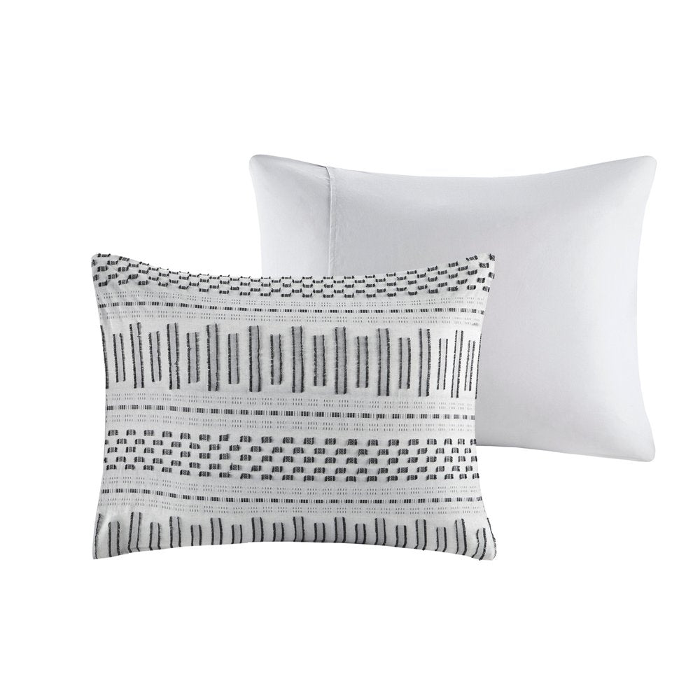 Set of Three Gray And Ivory Striped Queen Ring Stitch Sham And Comforter