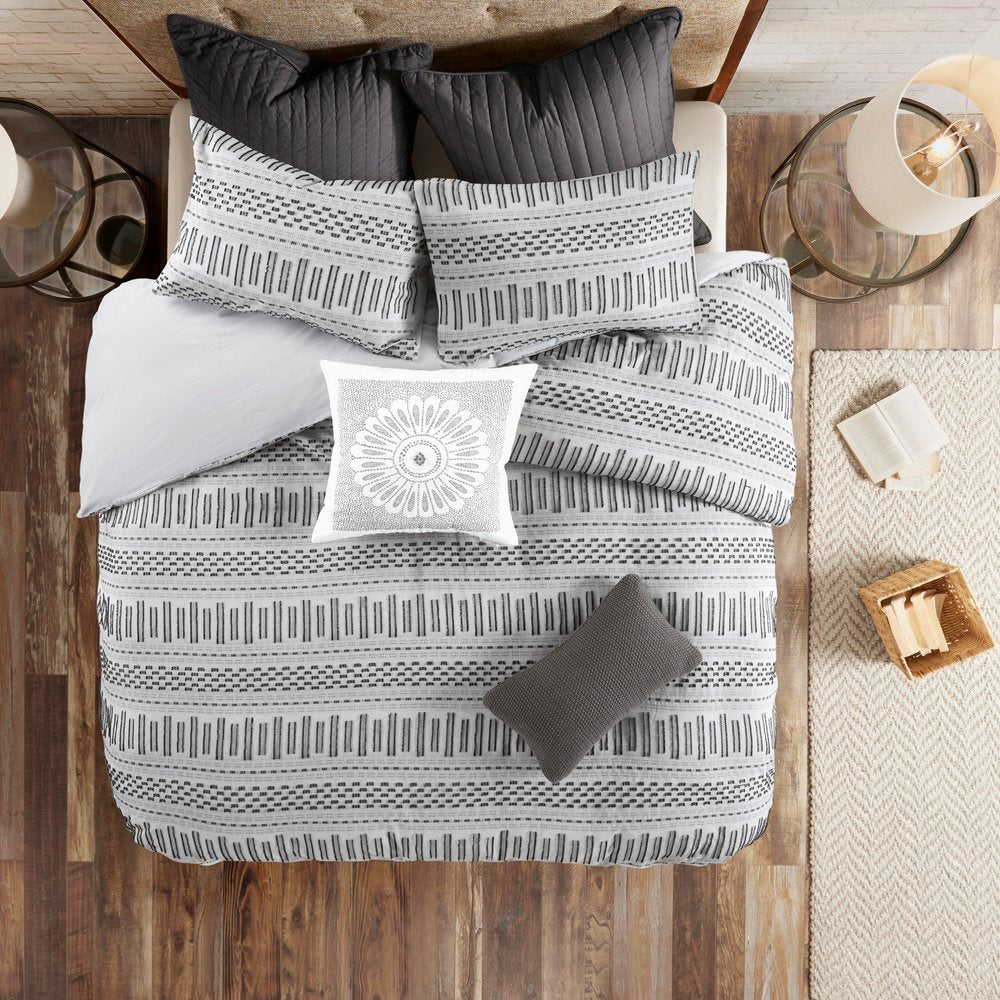 Set of Three Gray And Ivory Striped Queen Ring Stitch Sham And Comforter