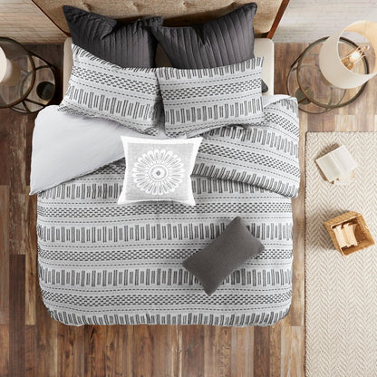 Set of Three Gray And Ivory Striped Queen Ring Stitch Sham And Comforter