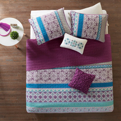 Set of Five Purple And Ivory Striped Queen Ring Stitch Sham And Comforter