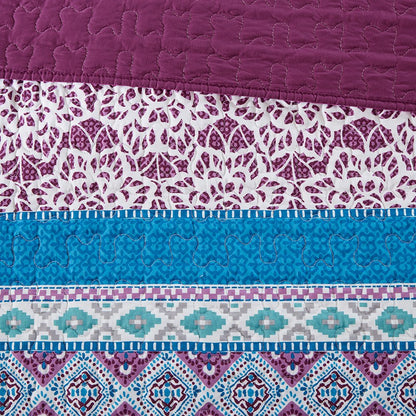 Set of Five Purple And Ivory Striped Queen Ring Stitch Sham And Comforter
