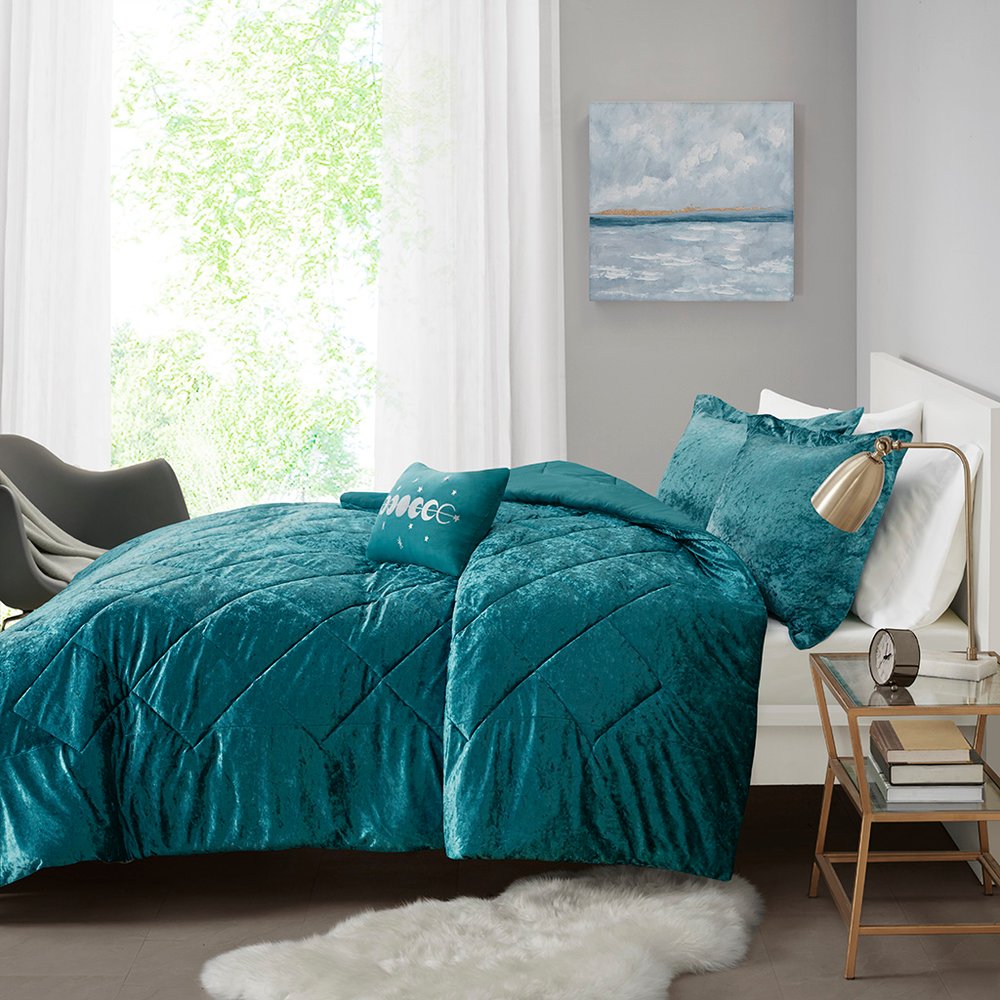 Set of Three Teal Blue Twin Ring Stitch Polyester Sham And Comforter