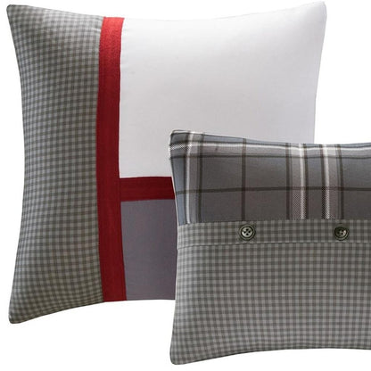 Set of Five Gray And White Plaid Queen Ring Stitch Polyester Sham And Comforter