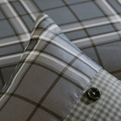 Set of Five Gray And White Plaid Queen Ring Stitch Polyester Sham And Comforter