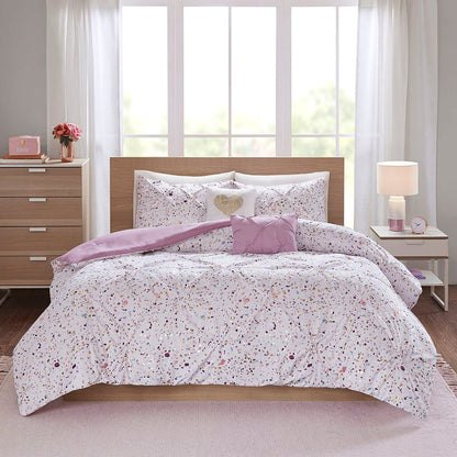 Set of Four Plum And White Abstract Ring Stitch Polyester Sham And Comforter
