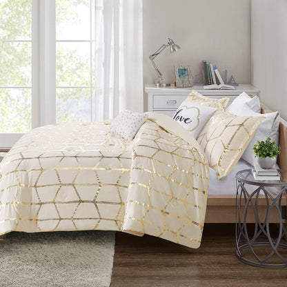 Set of Four Gold And Ivory Geometric Ring Stitch Polyester Sham And Comforter