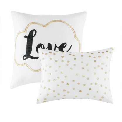 Set of Four Gold And Ivory Geometric Ring Stitch Polyester Sham And Comforter