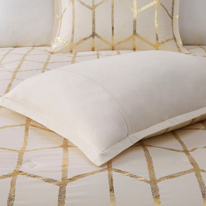 Set of Four Gold And Ivory Geometric Ring Stitch Polyester Sham And Comforter