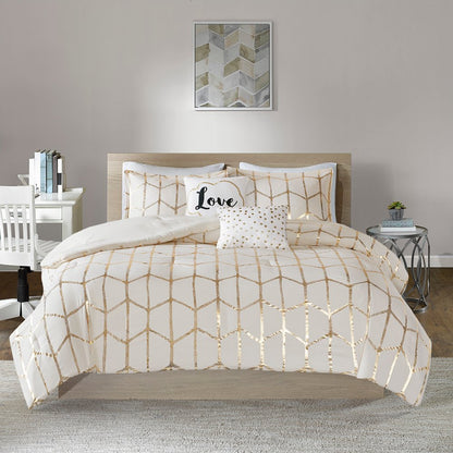 Set of Four Gold And Ivory Geometric Ring Stitch Polyester Sham And Comforter