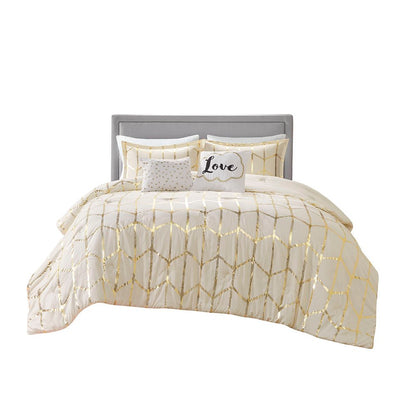 Set of Four Gold And Ivory Geometric Ring Stitch Polyester Sham And Comforter