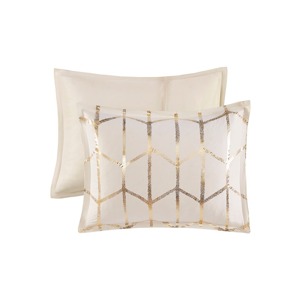 Set of Four Gold And Ivory Geometric Ring Stitch Polyester Sham And Comforter
