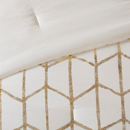 Set of Four Gold And Ivory Geometric Ring Stitch Polyester Sham And Comforter