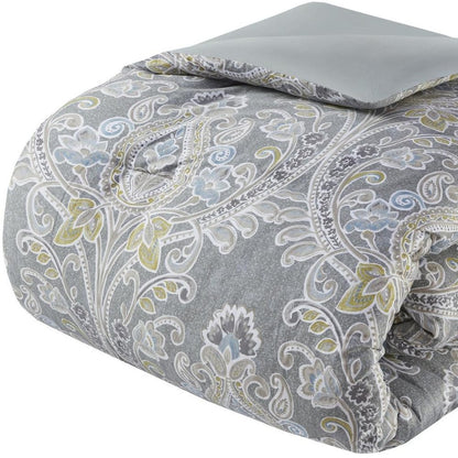 Set of Six Gray And Ivory Damask King Ring Stitch Sham And Comforter