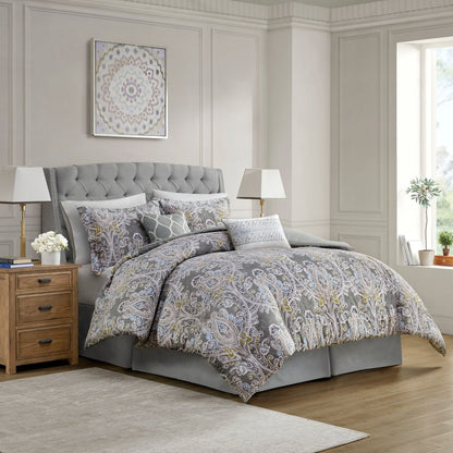 Set of Six Gray And Ivory Damask Full Ring Stitch Sham And Comforter