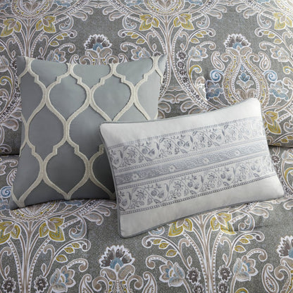 Set of Six Gray And Ivory Damask Full Ring Stitch Sham And Comforter