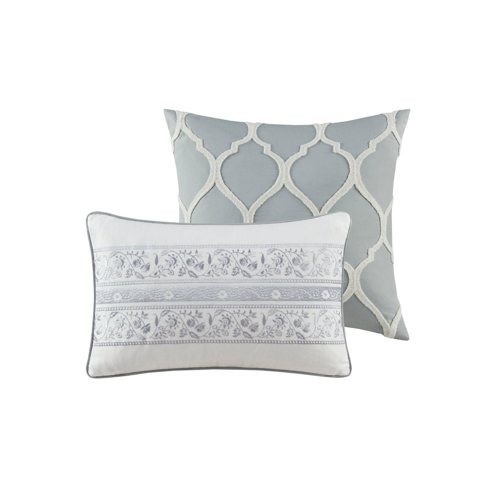 Set of Six Gray And Ivory Damask Full Ring Stitch Sham And Comforter