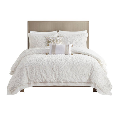 Set of Three White Medallion Queen Ring Stitch Sham And Comforter