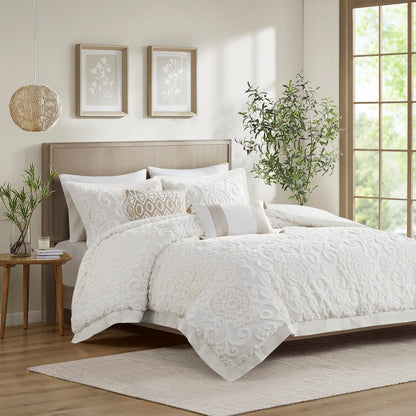 Set of Three White Medallion Queen Ring Stitch Sham And Comforter