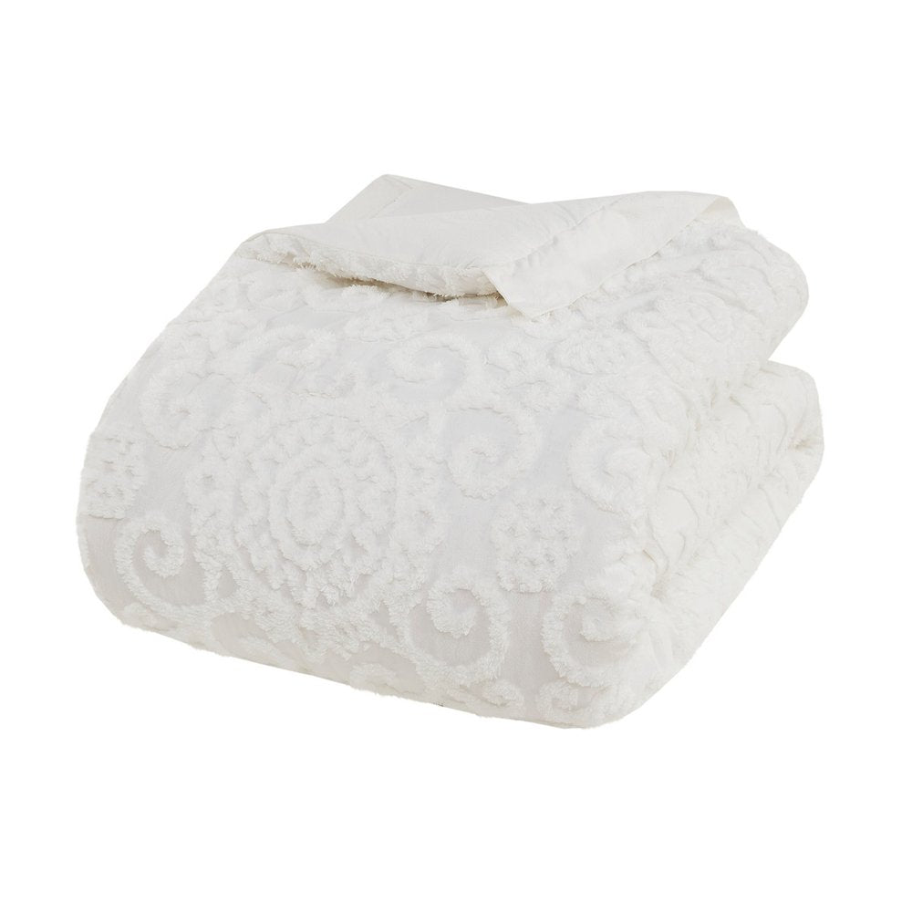 Set of Three White Medallion Queen Ring Stitch Sham And Comforter