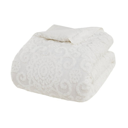 Set of Three White Medallion Queen Ring Stitch Sham And Comforter