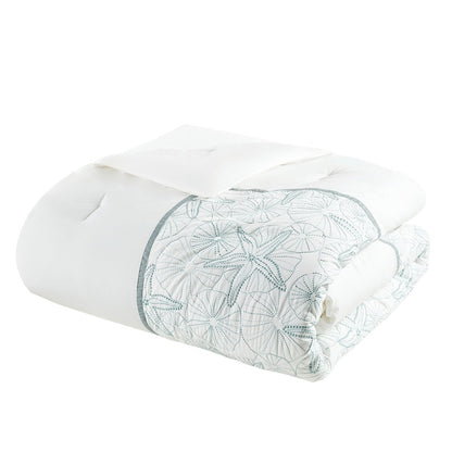 Set of Four White And Aqua King Ring Stitch Sham And Comforter