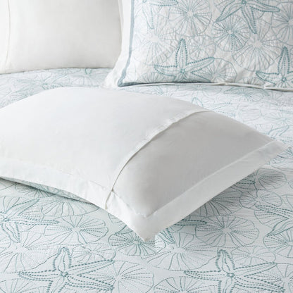 Set of Four White And Aqua King Ring Stitch Sham And Comforter