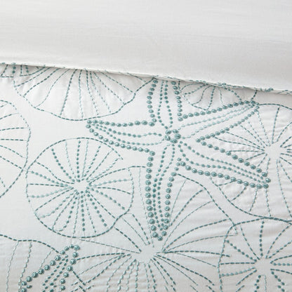 Set of Four White And Aqua Full Ring Stitch Sham And Comforter