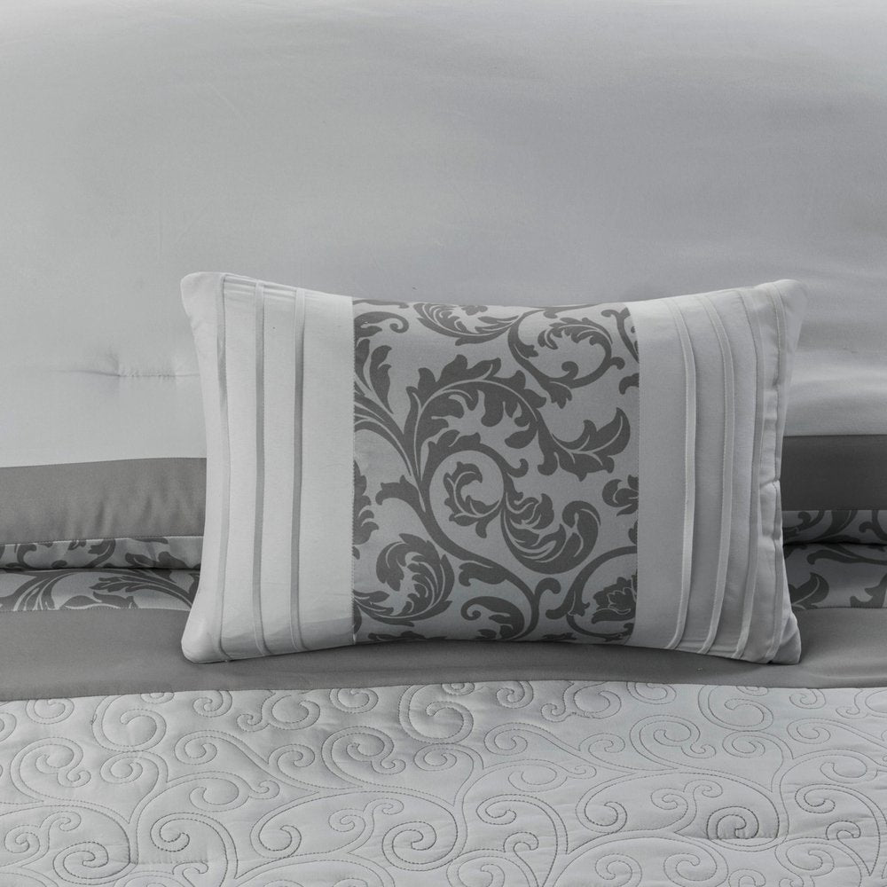 Set of Eight Gray And Ivory Damask Ring Stitch Polyester Sham And Comforter