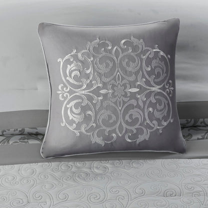 Set of Eight Gray And Ivory Damask Ring Stitch Polyester Sham And Comforter