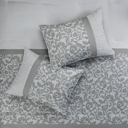 Set of Eight Gray And Ivory Damask Ring Stitch Polyester Sham And Comforter