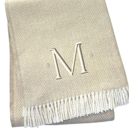 55" X 70" Linen And White Herringbone Cotton Blend S Initial Throw Blanket with Tassels And Embroidery