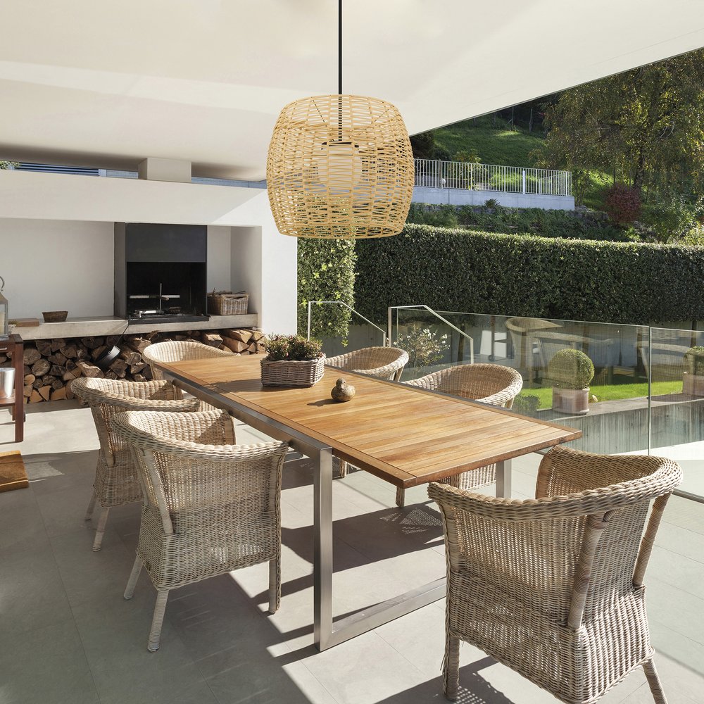 Natural And Black Rattan And Metal LED Dimmable Barrel Outdoor Hanging Pendent Light