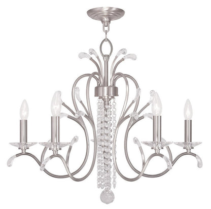 Nickel And Clear Five Light Metal Dimmable Chandelier With Shades