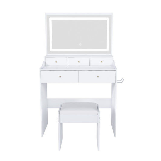 32" White Wood Mirrored Five Drawer Vanity Table And Lights