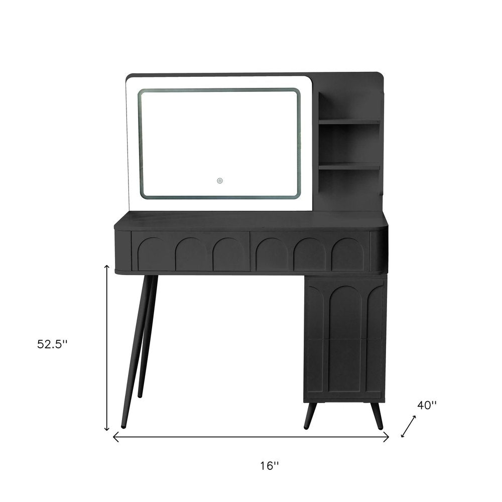 40" Black Wood Mirrored Four Drawer Vanity Table And Lights